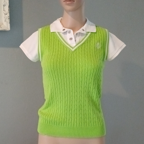 Lauren Ralph Lauren Cableknit green sweater vest with attached white shirt P XS - Picture 1 of 8